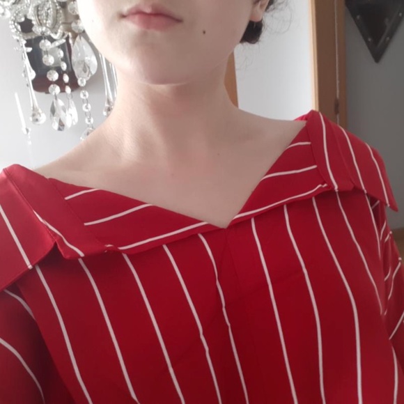 Hong Tai Lang Red & White Stripe Long Sleeves Dip-Back Shirt Women's Size S - Picture 10 of 14